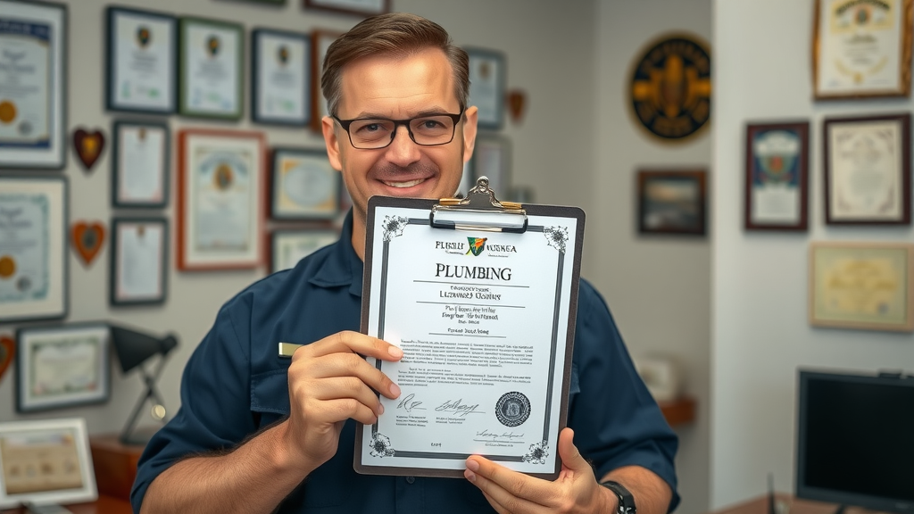 licensed plumber in Eustis Florida holding certification and clipboard, municipal office background