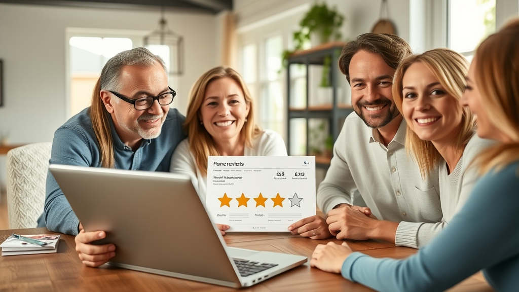 Satisfied Eustis homeowners leaving positive online reviews for affordable roof repair services, with laptop showing star ratings.