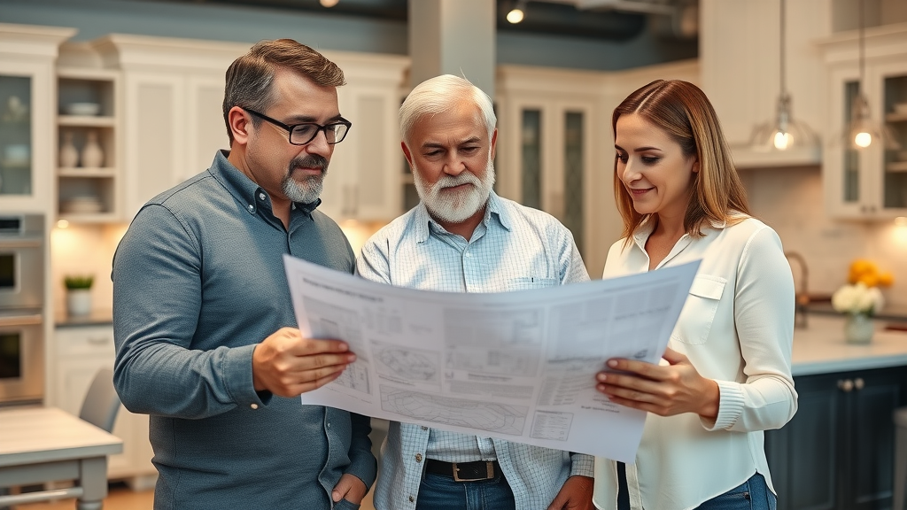 Professional kitchen and bath remodelers consulting with homeowners on blueprints in Eustis