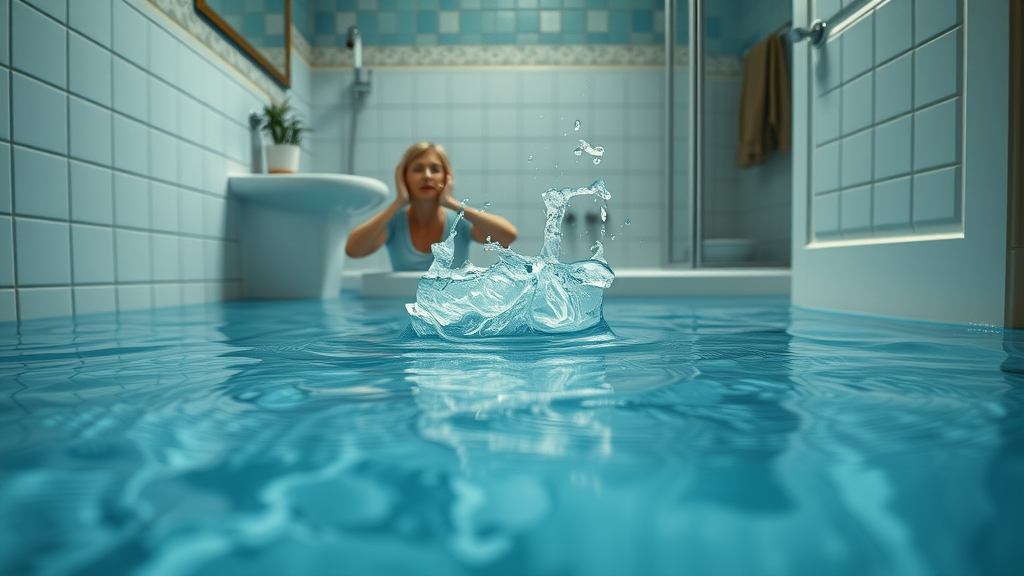 Flooded residential bathroom, distressed homeowner calling for emergency plumbing services Eustis, water pooling on floor, urgent situation