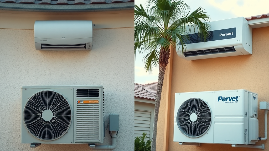 Central air system versus ductless mini split system in Florida homes, HVAC comparison with palm trees and stucco houses