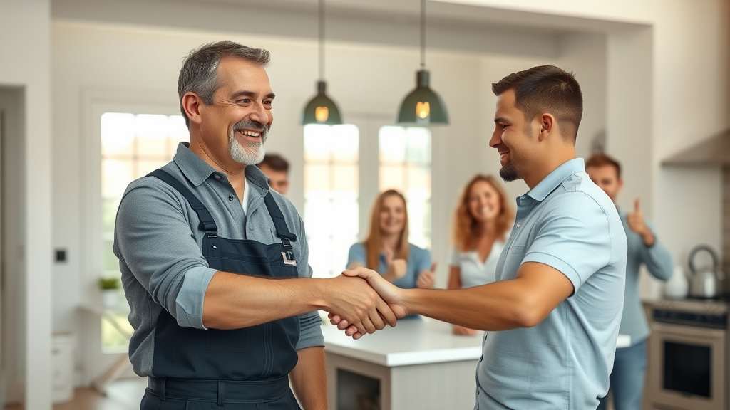 homeowner shaking hands with plumber, family in background, modern Eustis home, photorealistic, positive review moment