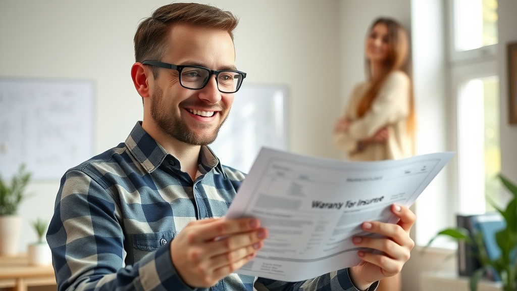 smiling general contractor and homeowner reviewing documents in a bright home office in eustis, discussing warranty and insurance, photorealistic, renovation blueprints, customer service
