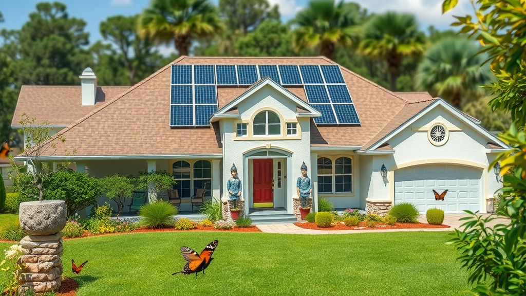 Eco-friendly Eustis home after improvement, solar panels and lush sustainable landscaping