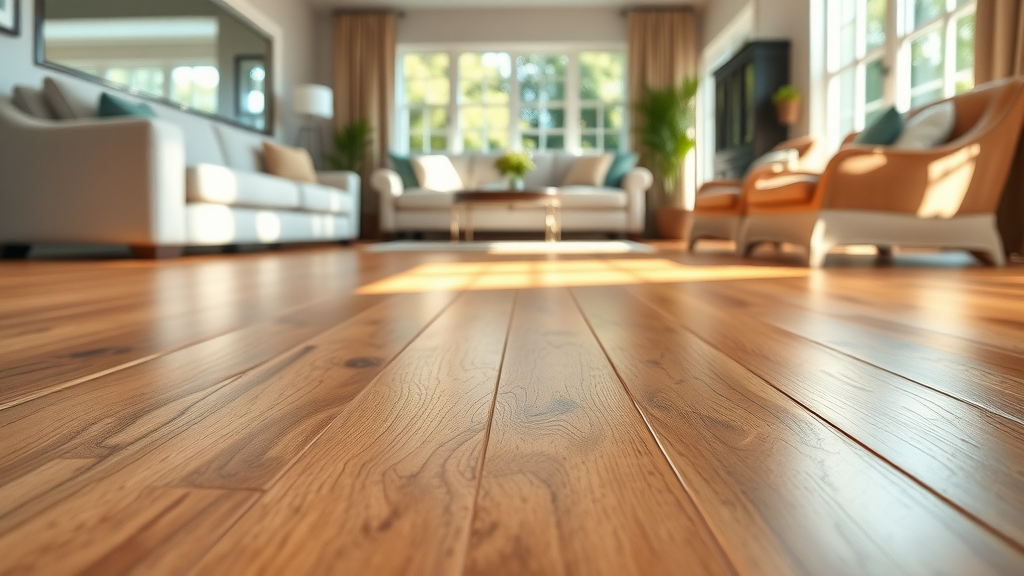 stylish hardwood flooring in sunlit eustis living room, eustis florida remodeling services, detailed wood grain, vibrant earth tones, modern interior design, macro shot