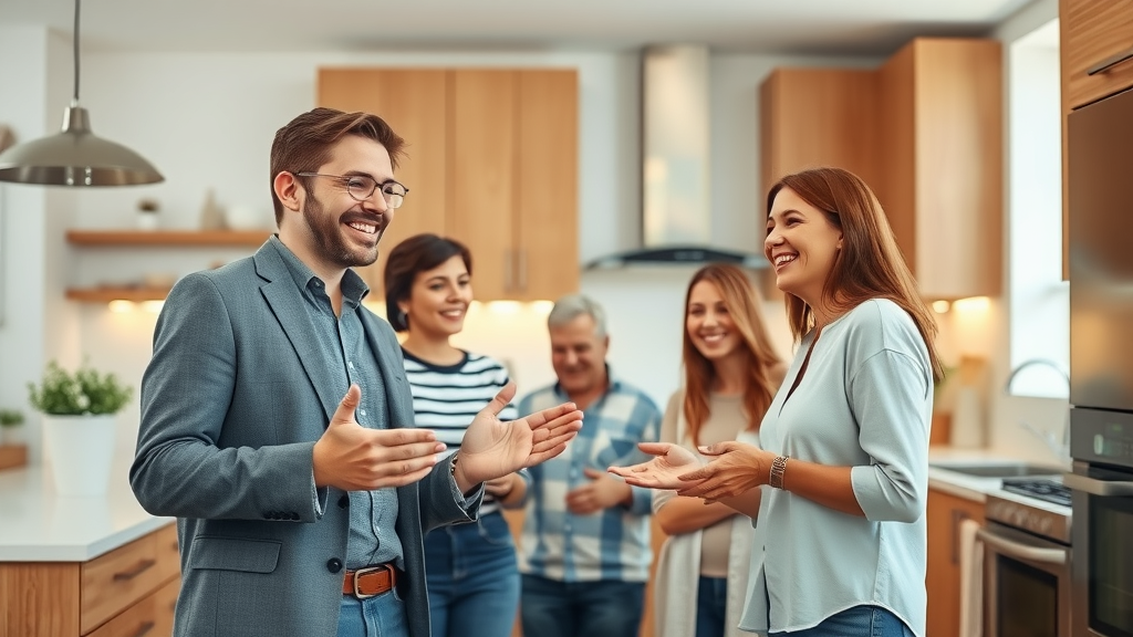 real estate agent showing modern upgraded kitchen to family, highlighting new lighting and appliances
