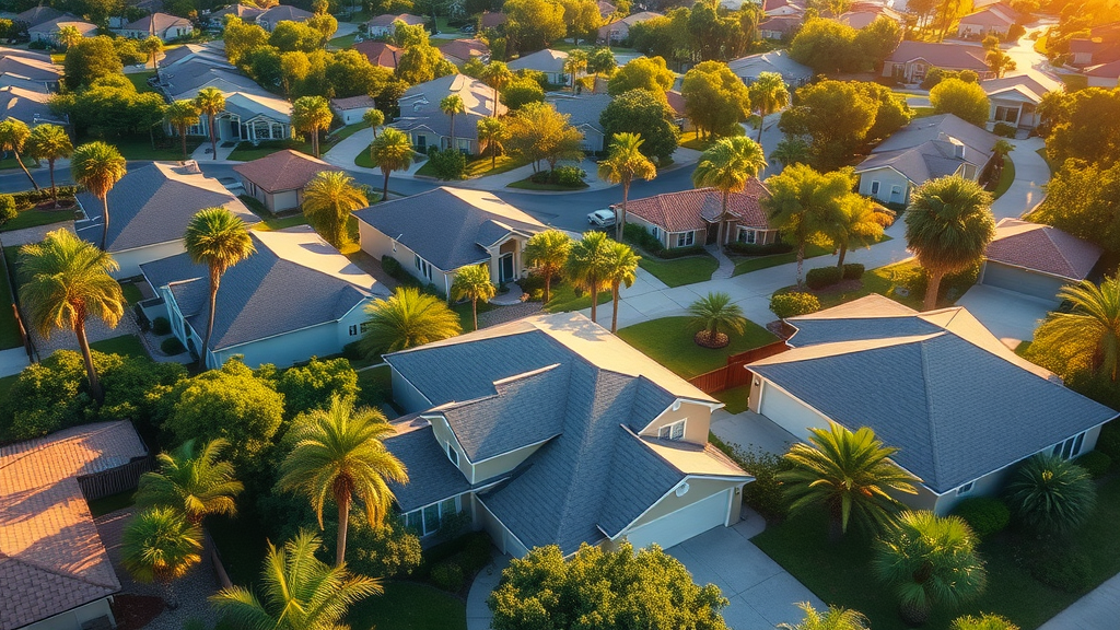 A stunning aerial view of residential homes in Eustis, Florida, showcasing pristine roofs and a vibrant sunlit neighborhood. Affordable residential roof repair in Eustis Florida, central florida.