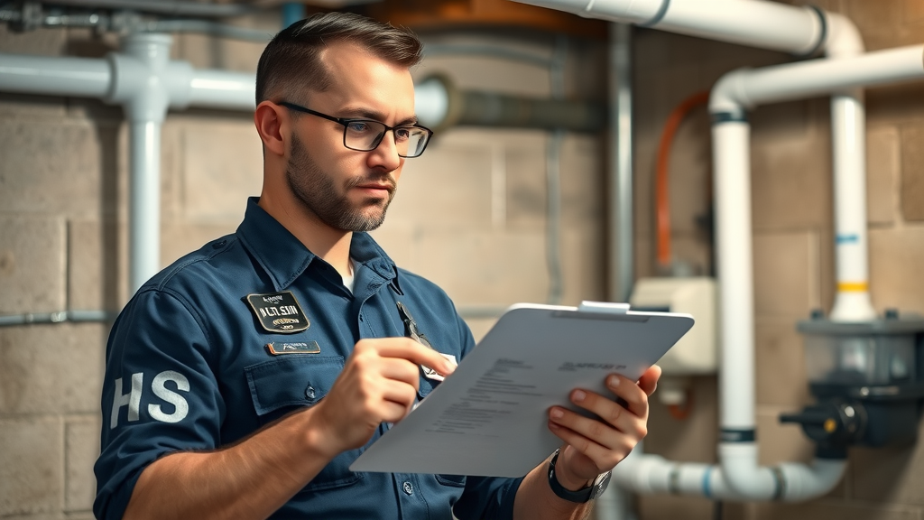 Professional licensed plumber with certification and safety gear stands beside a casual handyman with basic tools. Licensed plumber Eustis FL. Detailed, contrasting uniforms in a hardware store setting.