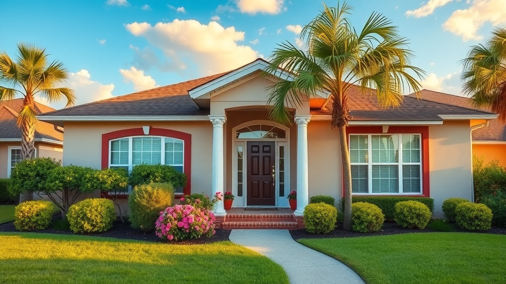 Inviting Eustis Florida home exterior, vibrant curb appeal after home improvement, lush landscaping