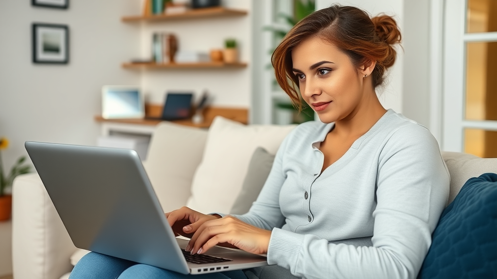 Confident female homeowner browsing official government website on laptop to verify plumber licensing in Eustis FL. Legal documents and digital screens.
