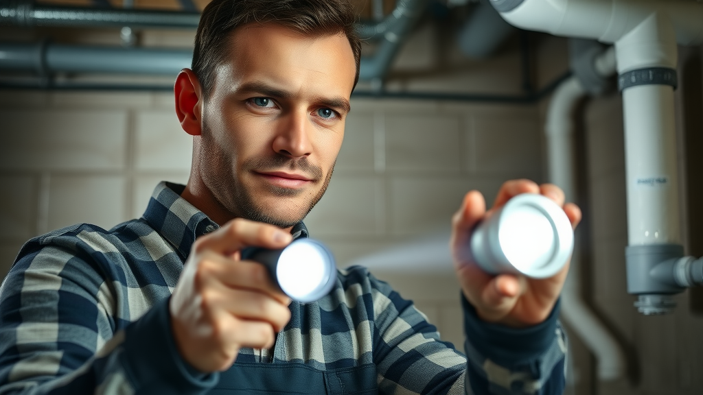 reliable plumber at work inspecting pipes with a flashlight, good plumber eustis fl