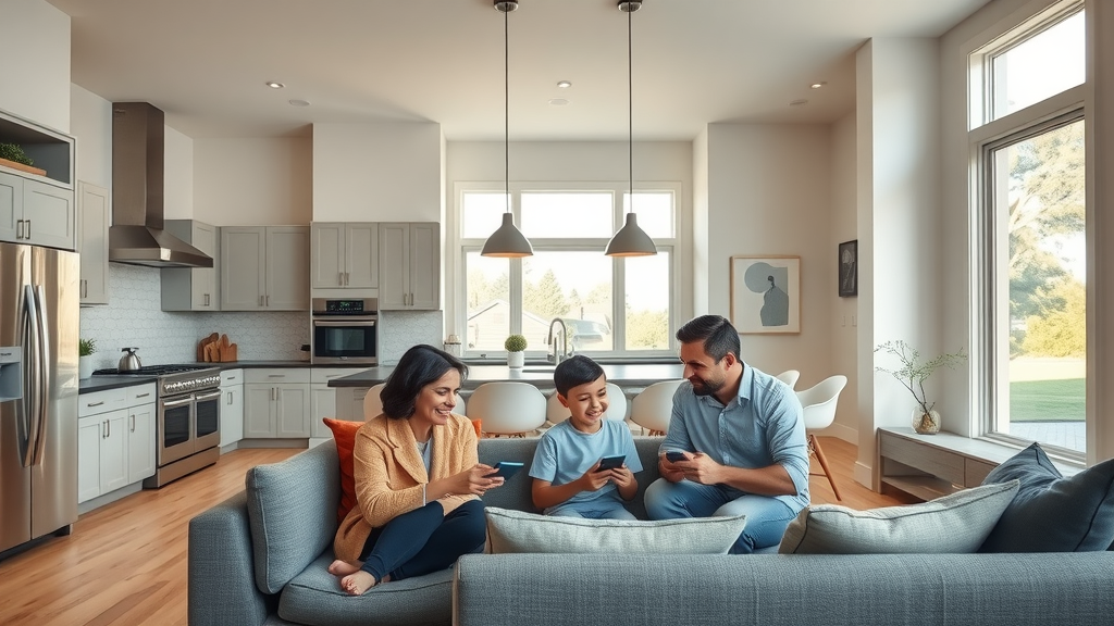 stylish modern open-concept kitchen and living room in eustis florida home, smart home technology, energy-efficient appliances, central florida home improvement, family enjoying new renovation, photorealistic, bright windows