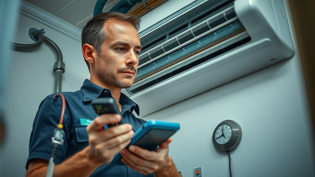 Professional HVAC technician inspecting modern air conditioning system in Florida home, highly detailed, energy efficiency focus