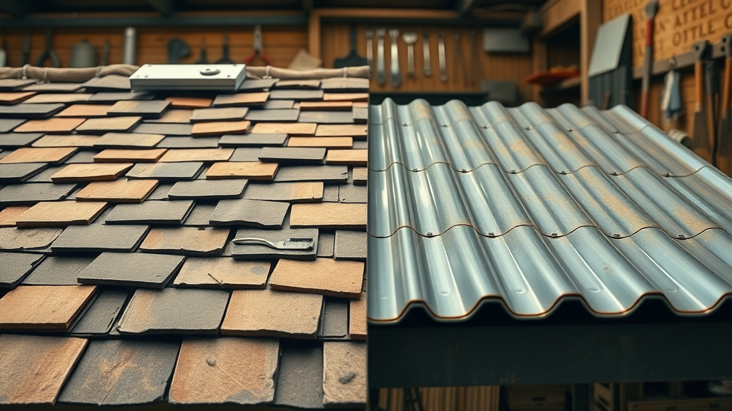 Split-view of traditional wood shake versus modern metal roofing systems, tools and materials displayed for affordable residential roof repair in Eustis Florida.