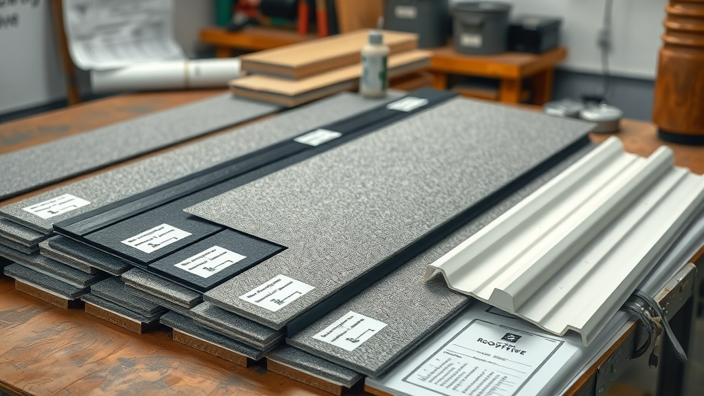 Samples of flat roofing, asphalt shingles, and metal panels for affordable roof repair in Eustis Florida, arranged on a workbench under soft natural light.