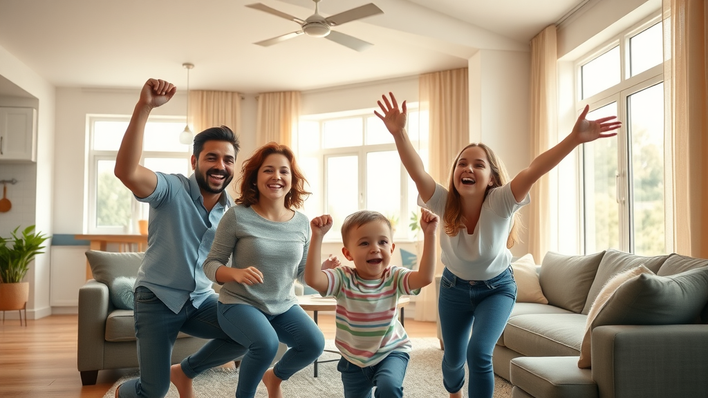Cheerful family celebrating in newly remodeled living room in Eustis Florida