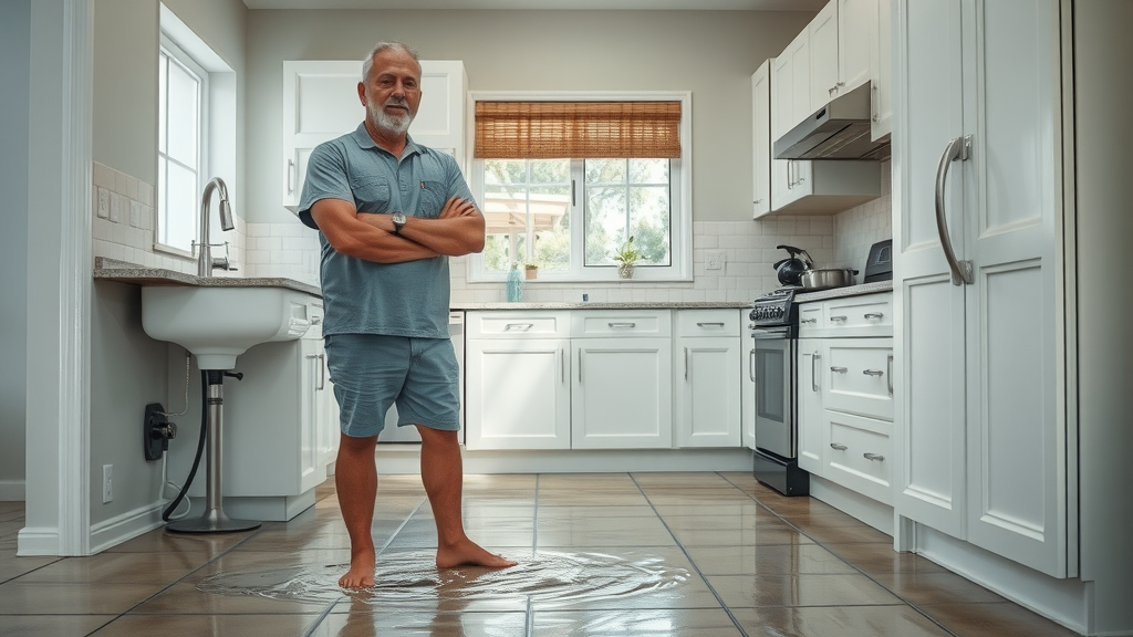 Concerned Florida homeowner with visible water damage in kitchen pointing to a leaky pipe under the sink. Licensed plumber Eustis FL. Photorealistic, sharp focus, modern kitchen.