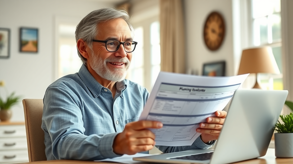 smiling homeowner reviewing plumbing estimate, Eustis Florida, sunlit home office, photorealistic