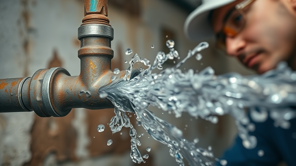 Detailed close-up of a broken pipe spraying water, urgent professional plumber reacting in Eustis home, emergency plumbing problem
