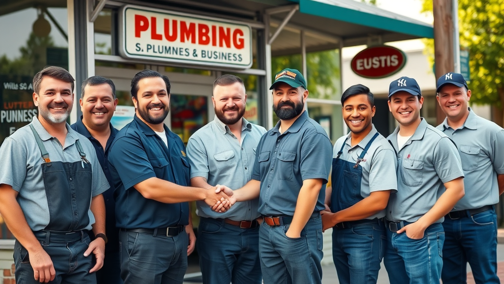 diverse team of professional plumbers Eustis Florida outside local business shaking hands with customer