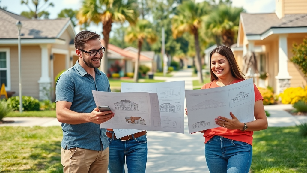 affordable home renovation eustis florida cheerful homeowners examining renovation plans tidy residential street with well-kept Florida homes