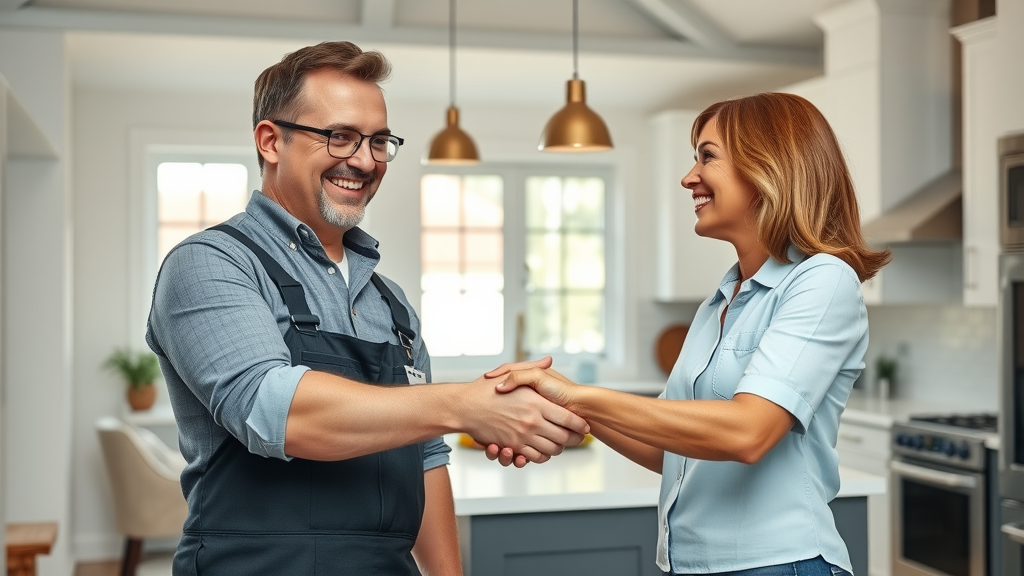 professional general contractor shaking hands with happy homeowner in eustis florida remodeled kitchen, trust agreement, crisp daylight, photorealistic, remodeling contractor