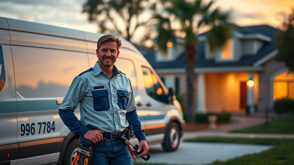 Professional plumber van outside Eustis home, uniformed technician preparing tools at dusk for emergency plumbing services