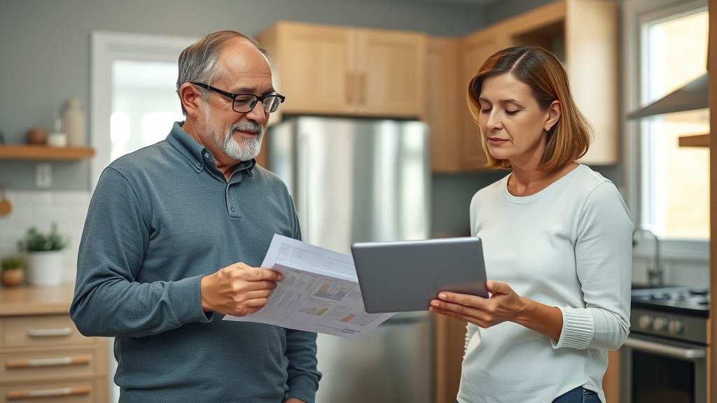 Homeowner meeting with insurance adjuster after plumbing emergency in Eustis, inspecting water-damaged kitchen and paperwork