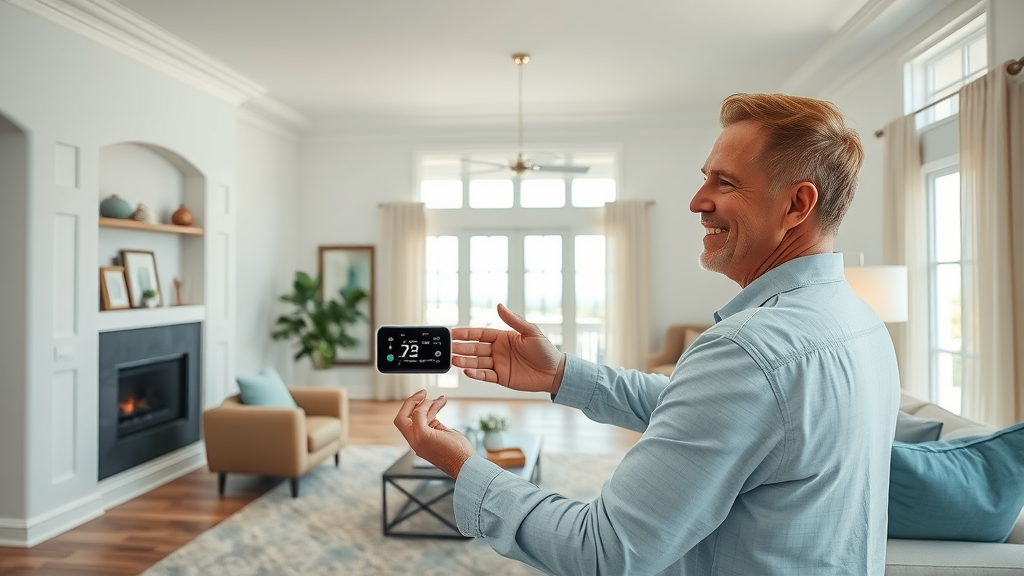 Happy homeowner adjusting smart thermostat on modern HVAC system in bright Florida living room