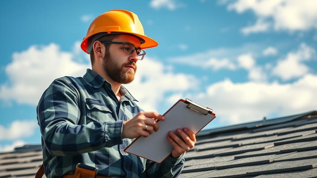 Professional roofer carefully inspecting a shingle roof with a clipboard, ensuring quality affordable residential roof repair in Eustis Florida under clear daylight.