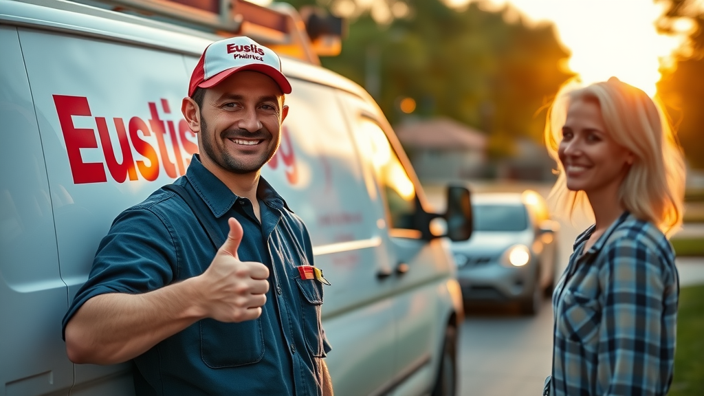 Confident licensed plumber giving thumbs up in Eustis with satisfied homeowner after emergency plumbing repair