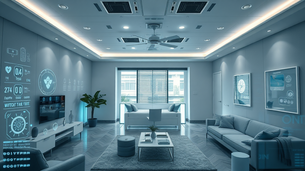 futuristic smart home living space in Eustis with smart devices, appliances, and animated interfaces, LED ambient lighting and open plan design