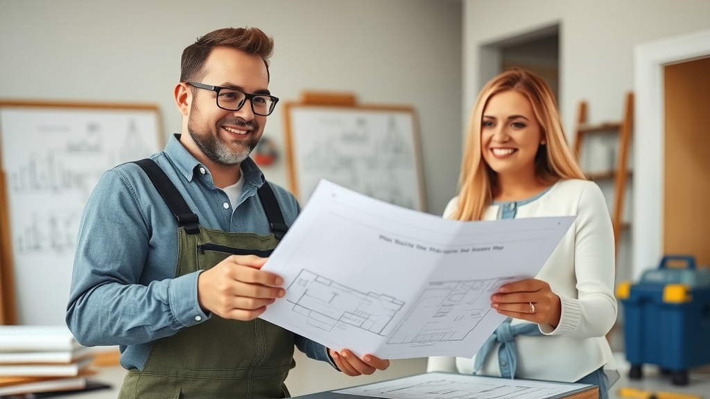 Professional general contractor consulting with homeowner over blueprints for Eustis Florida home improvement