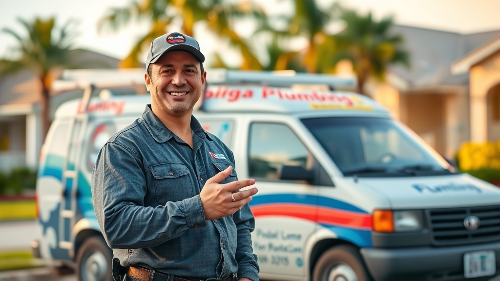 professional plumber Eustis Florida with service van in suburban neighborhood, palm trees and neat homes, photorealistic, morning light