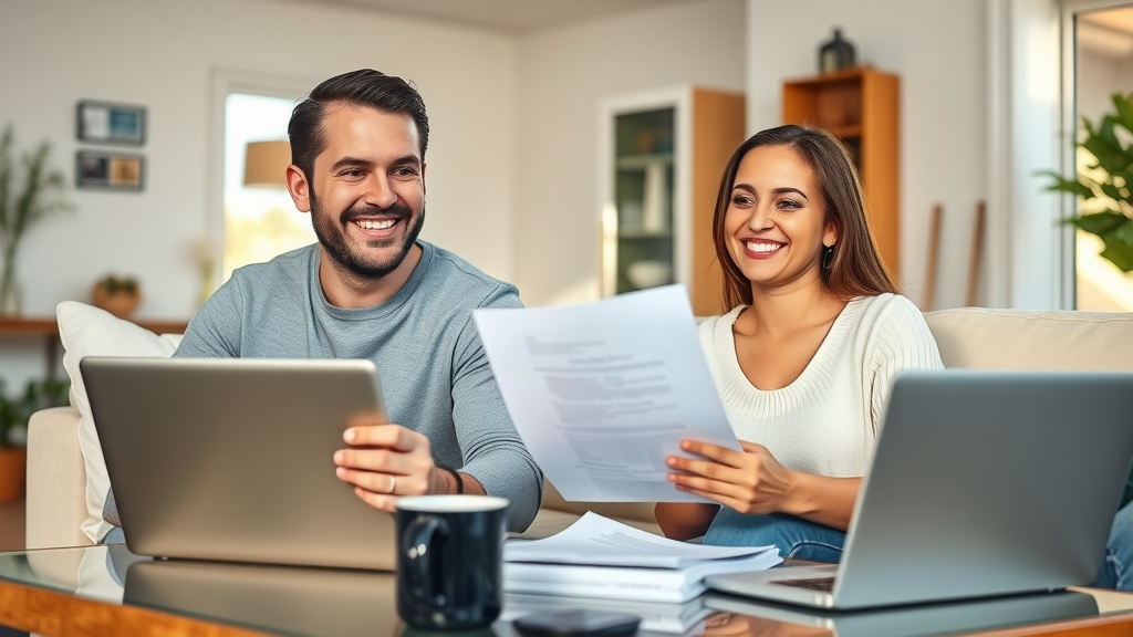 Happy couple review home improvement grant application in modern Eustis Florida living room