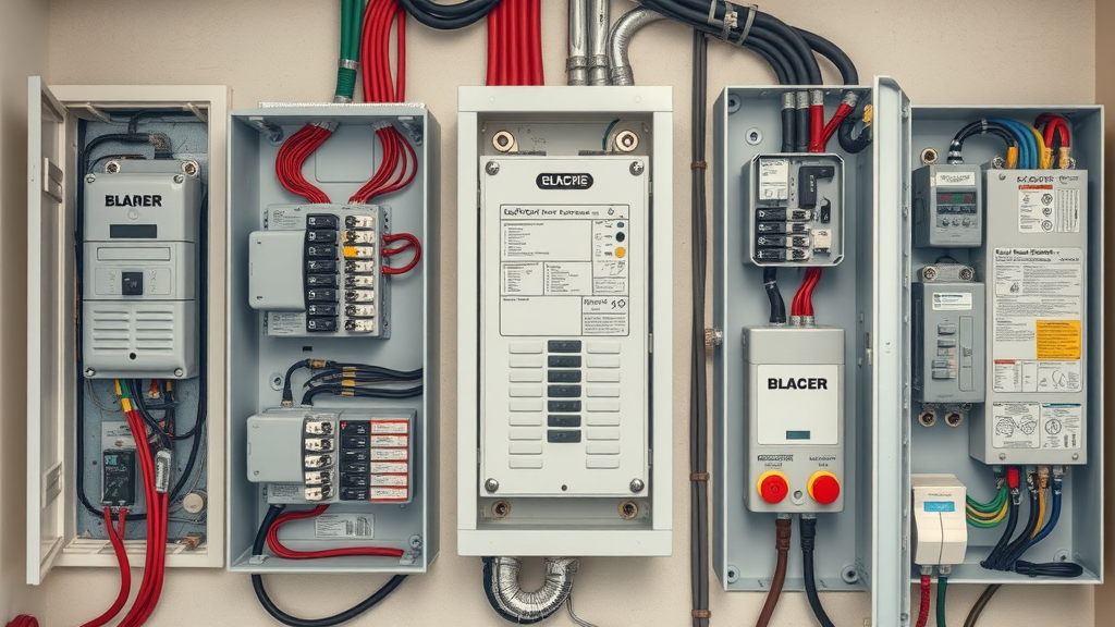close-up view of modern and older electrical panels inside Eustis Florida homes, different types exposed in utility rooms, color-coded wires