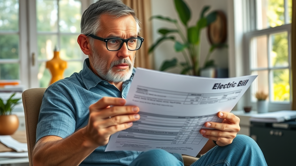 Baffled Florida homeowner reviewing a high electricity bill, HVAC systems for Florida, concerned expression with invoices, tropical background
