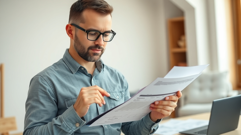 Professional contractor in Eustis preparing a cost estimate, confident expression, reviewing clipboard in a bright home office with plans and laptop.