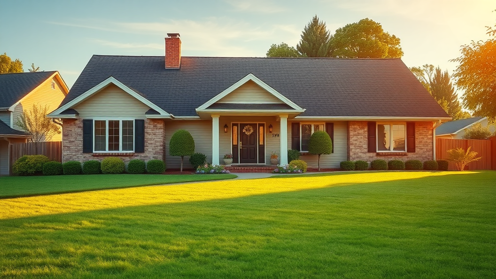 Beautiful Eustis suburban home after reliable roof repairs; new roof shining in sunlight, lush green lawn, affordable and valuable for homeowners.