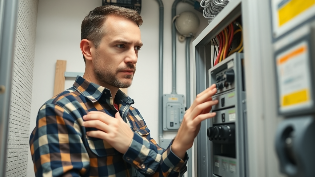 professional electrician evaluating a circuit breaker panel in a clean Eustis home utility room, inspecting wiring with tools and safety gear