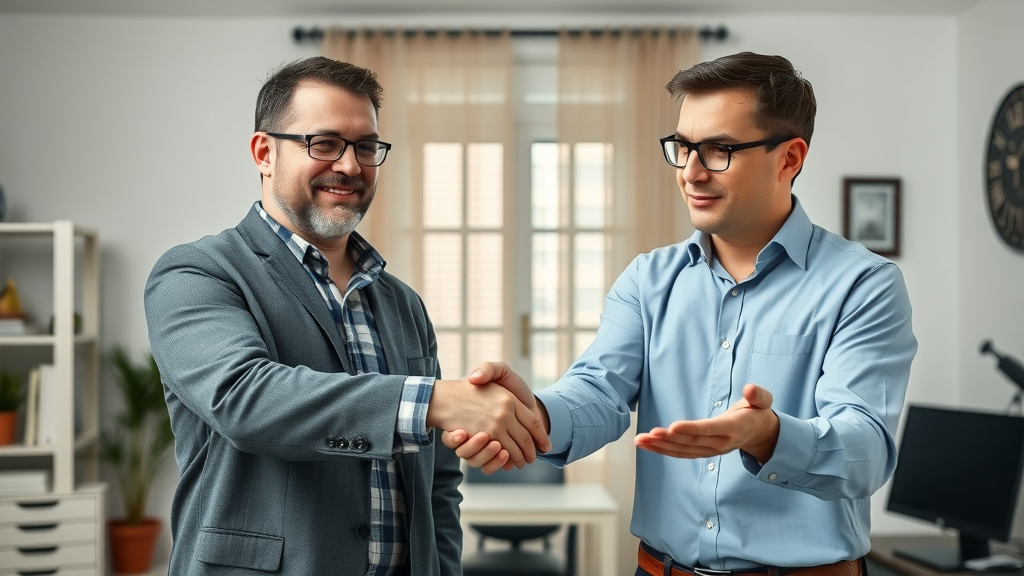 Contrast between a handshake with a reputable Eustis repair contractor and an unhappy client with an unprofessional contractor, home office setting, positive and negative expressions.