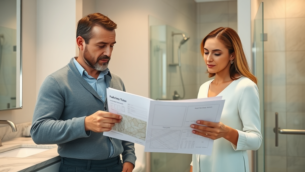 Contractor and homeowner reviewing tiling options for an elegant bathroom remodel in Eustis, with marble counter and modern shower, sample tiles and blueprints visible.