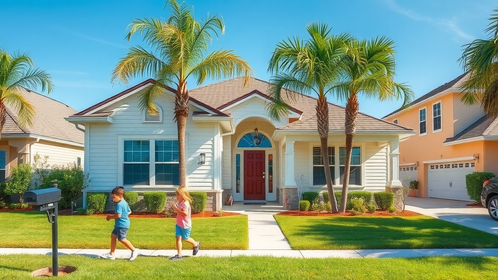 sunny suburban Eustis home with well-maintained facade, freshly painted siding and manicured lawn, palm trees in the background, children playing on the sidewalk - Eustis exterior home improvements