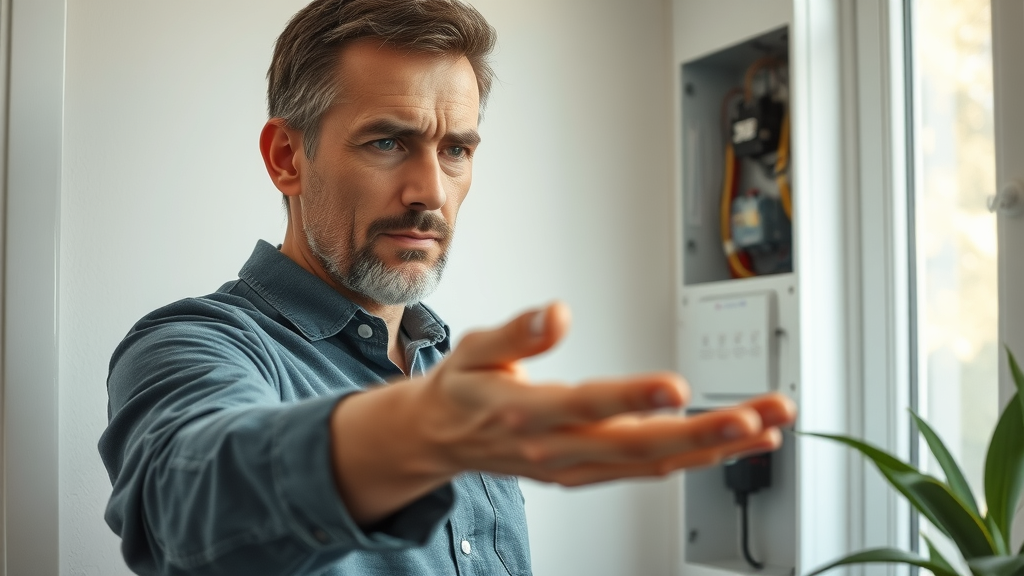 Concerned homeowner examining electrical panel with residential electrician in Eustis FL