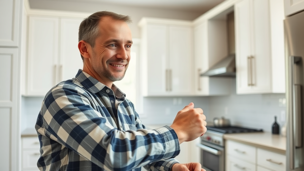 General contractor installing cabinets during a kitchen remodel in Eustis, focused and satisfied expression, modern appliances, and updated white-and-grey kitchen setting.