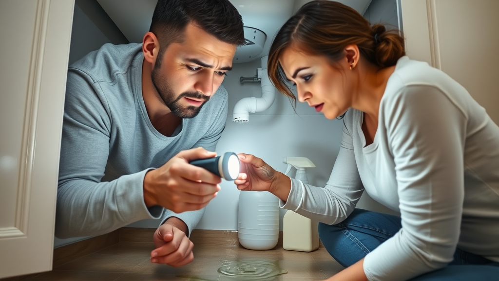 Anxious couple checking kitchen sink for water leaks, using flashlight, puddle below, emergency plumbing concern in Eustis