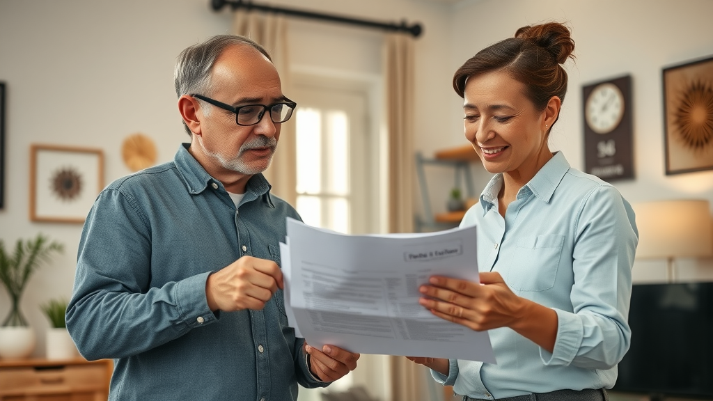homeowner with expert electrician discussing electrical upgrade costs, reviewing paperwork in modern home office setting