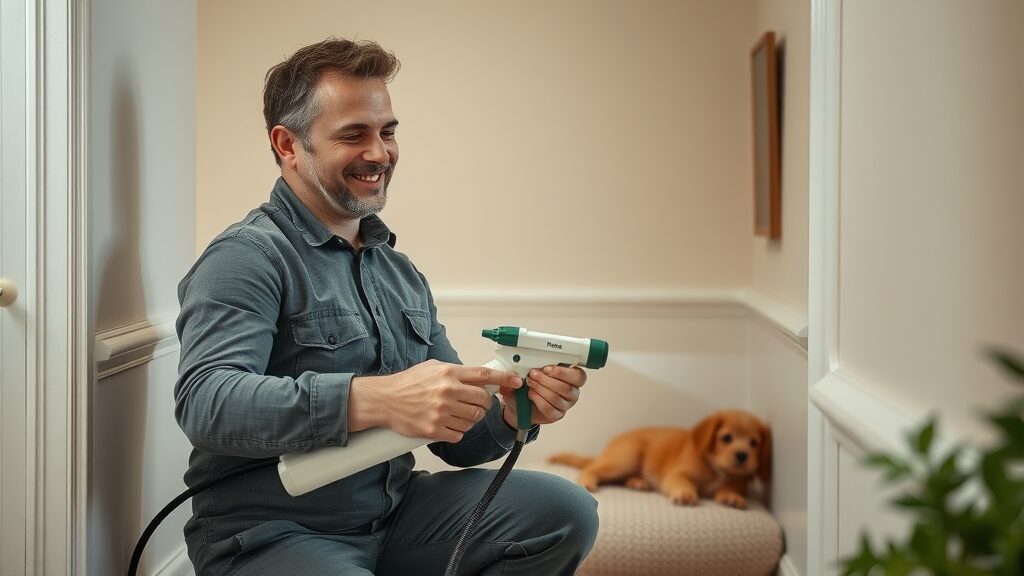 Technician in Eustis FL uses pet-friendly pest control near dog area