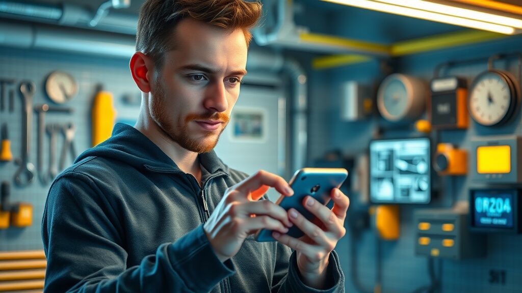 User resetting garage door safety sensor via smartphone app, futuristic digital garage workspace, garage door auto-close automation, highly detailed
