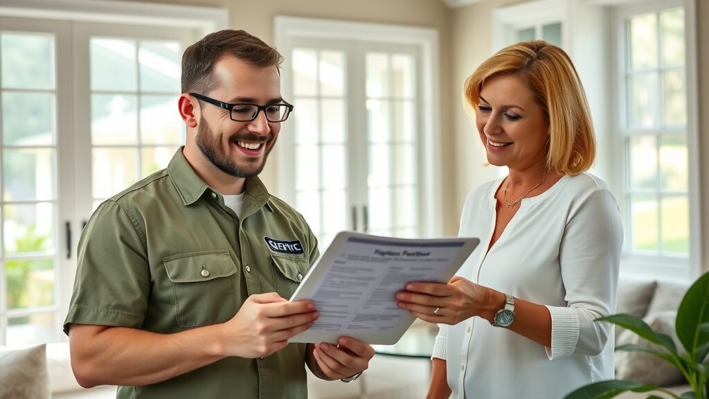 Friendly septic technician and Florida homeowner reviewing drainfield repair results—professional repair service